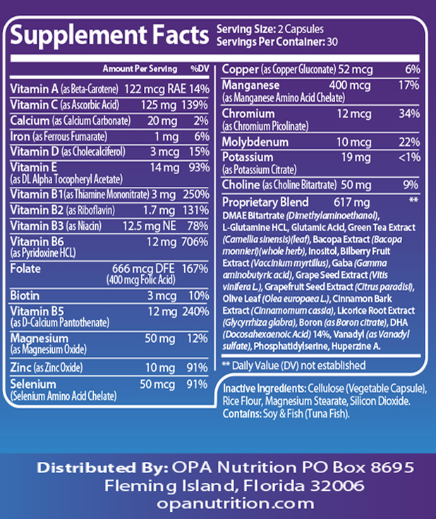 Supplement Fact of Brain Support Supplement For Brain Fog - OPA Genius Ingredients